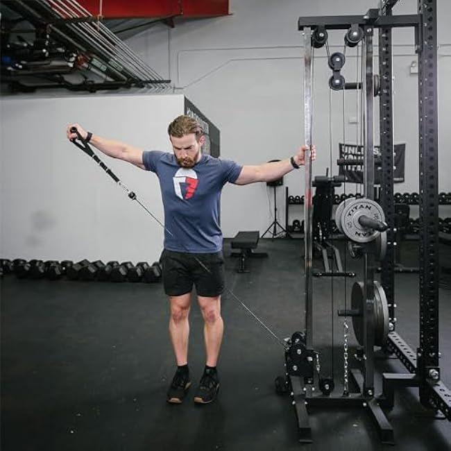 Titan Fitness Tall Wall Mounted Pulley Tower, 84.5 Plate Loaded Cable Machine, Rated 350 LB, Universal Standard & Olympic Plate Compatibility, 18 Height Settings, Space-Saving Functional Trainer