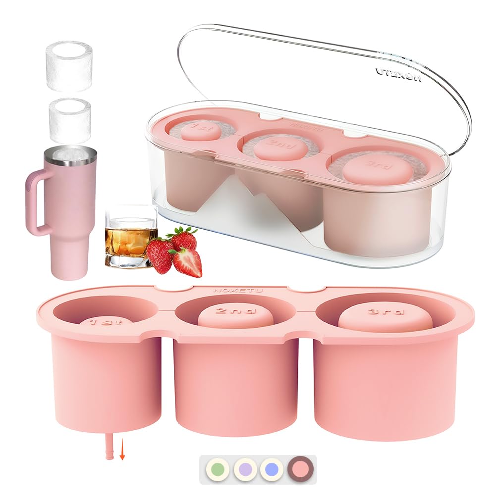 Photo 1 of NOXETU Ice Mold for Stanley Cup 30/40 Oz - Easy Fill and Release Without Touching Ice, Silicone Ice Cube Tray with Clear Lid and Bin for Freezer, Whiskey, Cocktail (Pink)