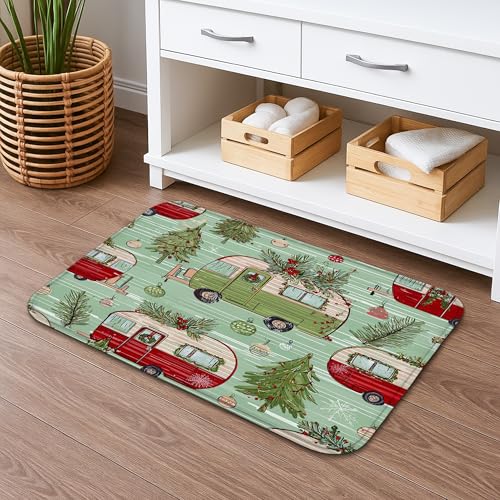 Tappetino da bagno natalizio vintage da campeggio, ad asciugatura rapida, retro camion rosso albero verde assorbente tappetino da doccia antiscivolo, tappeto decorativo invernale lavabile per bagno WC