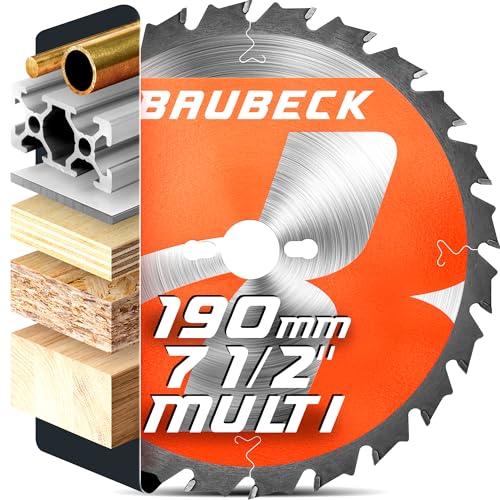 BAUBECK Circular Saw Blade 190mm x 30mm - 1 "/ 20/16 mm rings inluded - 24T fast cut in Wood, Metal etc. - TCT 190 mm saw blade - Compatible with Dewalt v54, Makita 190mm saw blade