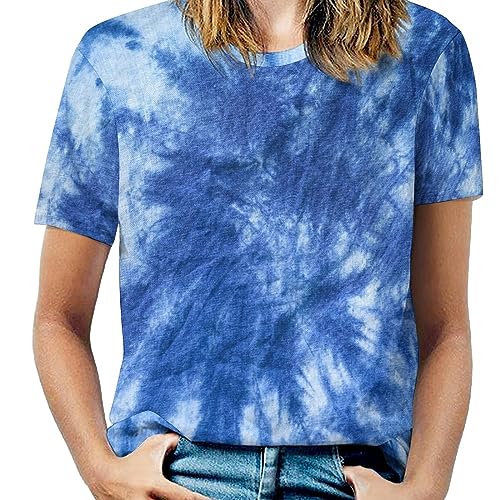 Blue Tie Batik Dye Women's Short Sleeve T-Shirt Classic-Fit Tee Graphic Tops Blouse