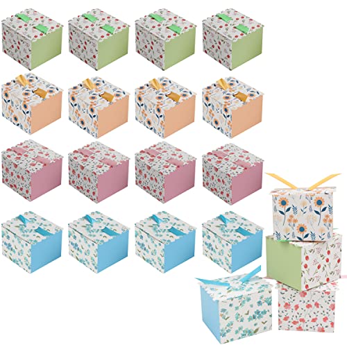 Belle Vous Pack de 20 Set Cajitas Regalo Diseño Floral de Papel - Cajas Cuadradas con Cinta 10,2 x 11,5 x 8 cm - Cajas para Regalos de Boda, Fiestas, Jabón Casero y Dulces - Cajitas para Chuches