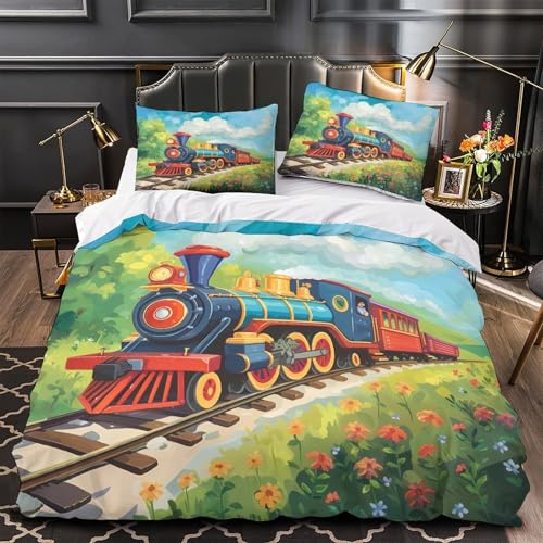 Parure de lit train vintage 140x200 microfibre confortable dessin animé - 2