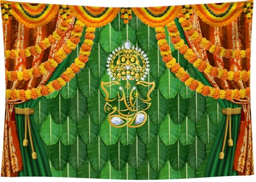 Image of 7x5 FT India Pooja Traditional Backdrop Indian Decorations for Pooja Banana Leaf Green Chatiya Ganesh Puja Ganpati Mehndi Photography Background Ganpati Wedding Party Photo Booth Props