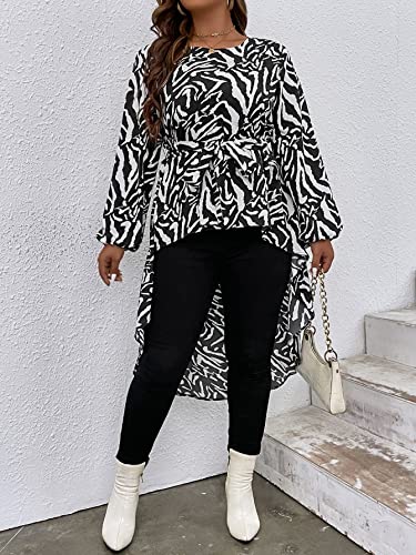 top feminino tamanho grande Mais Blusas Impressão total Manga da lanterna Bainha alta baixa com cint