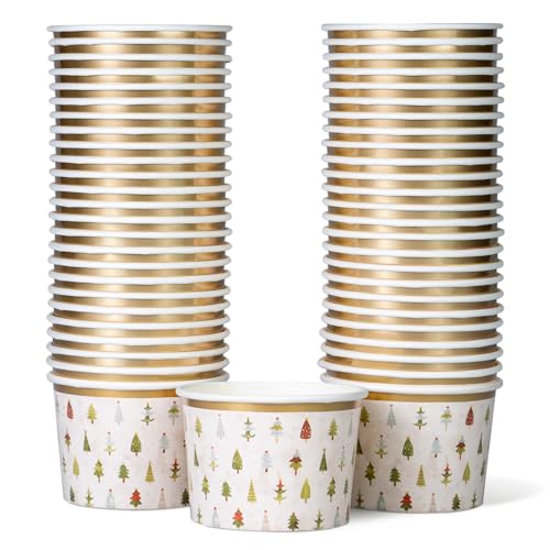 Image of Confettiville Paper Ice Cream Cups, 50-Count 9-Oz Disposable Dessert Bowls for Hot or Cold Food, 9-Ounce Christmas Party Supplies Treat Cups, Handdrawn Christmas Trees, Gold Foil