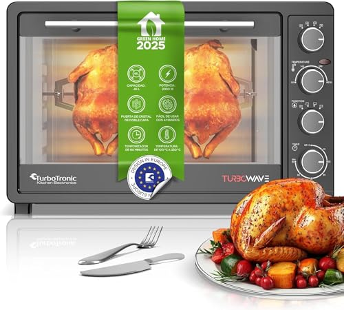 TurboTronic Minibackofen mit Umluft 45L schwarz 2000W, Drehspieß, Timer, Mini Backofen, Pizzaofen,...