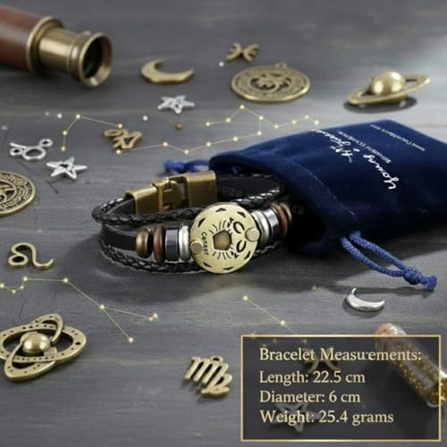 Image of Young & Forever Zodiac Sign Multi-Strand Genuine Leather Bracelet for Men & Boys - Adjustable Tribal Wristband with Antique Metal Charm