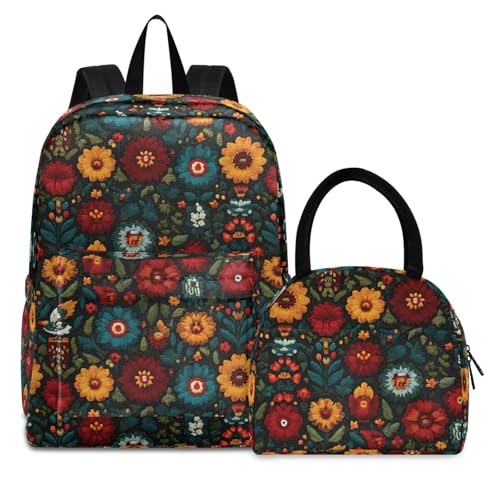 Mexico Floral Print Backpack Set with Lunch Bag, Large Capacity Travel Backpacks and Lunch Box Insulated for Commute Hiking Picnic