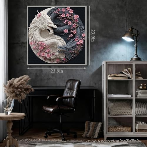 Yin Yang Dragon Puzzles para adultos 1000 piezas, dragones duales blanco y negro con flores de cerezo, rompecabezas floral animal fantasía miniatura 4