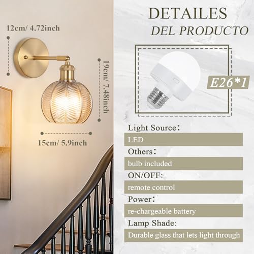 Image of Battery Operated Wall Sconce, Vintage Wall Sconce with Amber Tulip Glass Lampshade Rechargeable, Battery Wall Light with Remote,Wireless Wall Sconces, for Bedroom,Living Room, Hallway