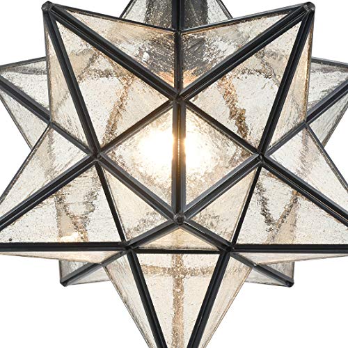 Image of Moravian Star Black Flush Mount Ceiling Light with Seeded Glass | Ceiling Mount Light Fixture for Living Room Bedroom Kitchen Hallway