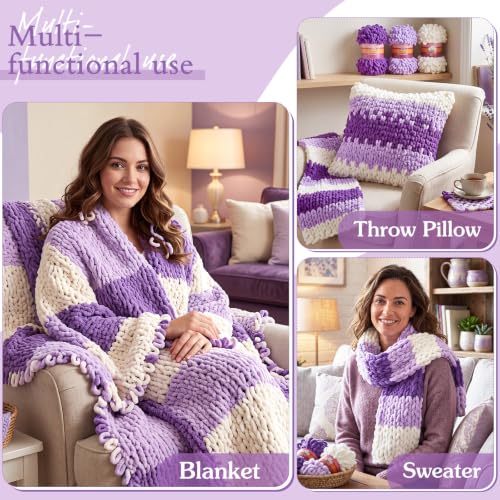 Image of Threlaco 6 Pack Finger Loops Yarn Bulk Soft Chunky Yarn 600 G / 6 Skeins for Mothers Day Beginners Knitting No Needles or Hooks(White, Light Purple, Taro Purple)