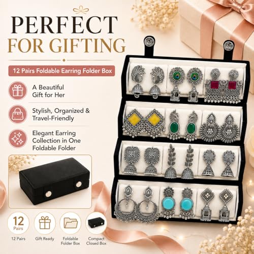 Image of Shining Diva Fashion 12 Pairs Oxidised Silver Earrings Set for Women with Jewellery Organisers Foldable Organizer Box | Traditional Afghani Stylish Jhumka Earring Gifts for Girls (17480er BOX1025)
