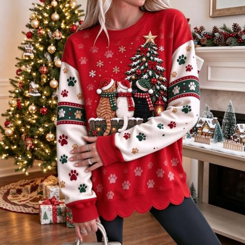 Christmas Shirts for Women Scalloped Hem Pet Graphic Comfy Pullover - image 3