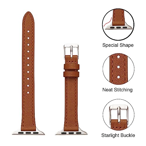 Image of STIROLL Slim Leather Bands Compatible with Apple Watch Band 38mm 40mm 41mm 42mm 44mm 45mm 49mm, Top Grain Leather Watch Thin Wristband for iWatch Ultra SE Series 8 /7 /6 /5 /4 /3 /2 /1 (Brown with Starlight,