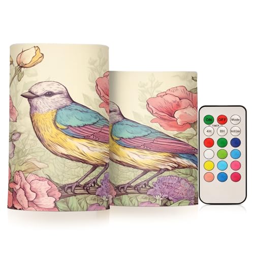 Kigai Vintage Bird Flameless Candles with Remote Control and Timer,Battery Operated LED Pillar Candles Adjustable Brightness for Ourdoor Indoor Use,Home Decor,2 Pack