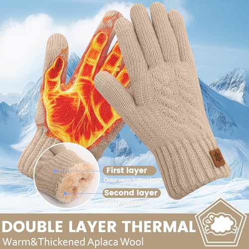 Zepphi Winterhandschuhe Damen mit Fleecefutter, Touchscreen Warme Fleece Strickhandschuhe Thermo Winter Handschuhe Herren für Outdoor Sport Laufen Radfahren Freizeit ski reithandschuhe (Beige)