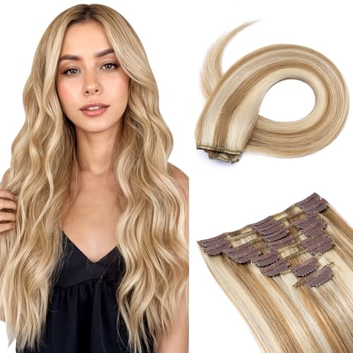 Image of Benehair Clip in Hair Extensions Real Human Hair, Long Straight Hair Extensions Clip in Human Hair for Women, 100% Remy Natural, Full Head 8pcs 16inch #12P613 Golden Brown Mix Bleach Blonde