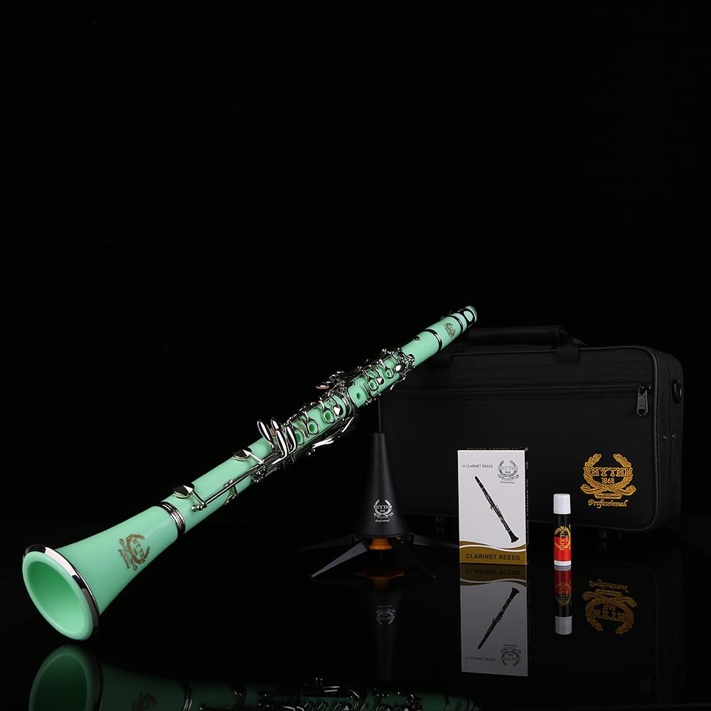 Rhythm Clarinete Bb con 17 teclas de níquel, banda de viento de madera e instrumentos musicales de orquesta para principiantes, incluye funda, soporte, 10 cañas y kit de limpieza, color verde