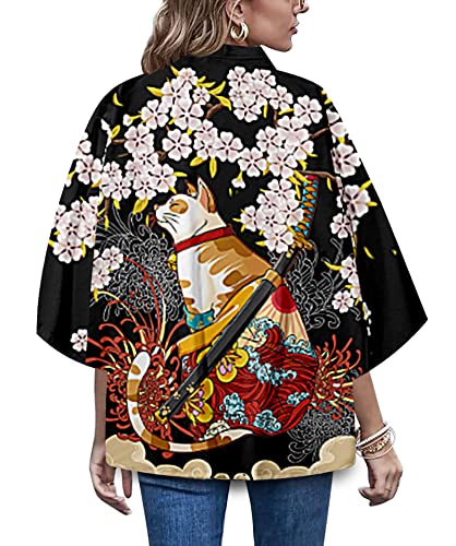 Image of LAI MENG FIVE CATS Women's Funny Cute Cat Cardigan Lightweight Kimono Loose Cover up Blouse Tops