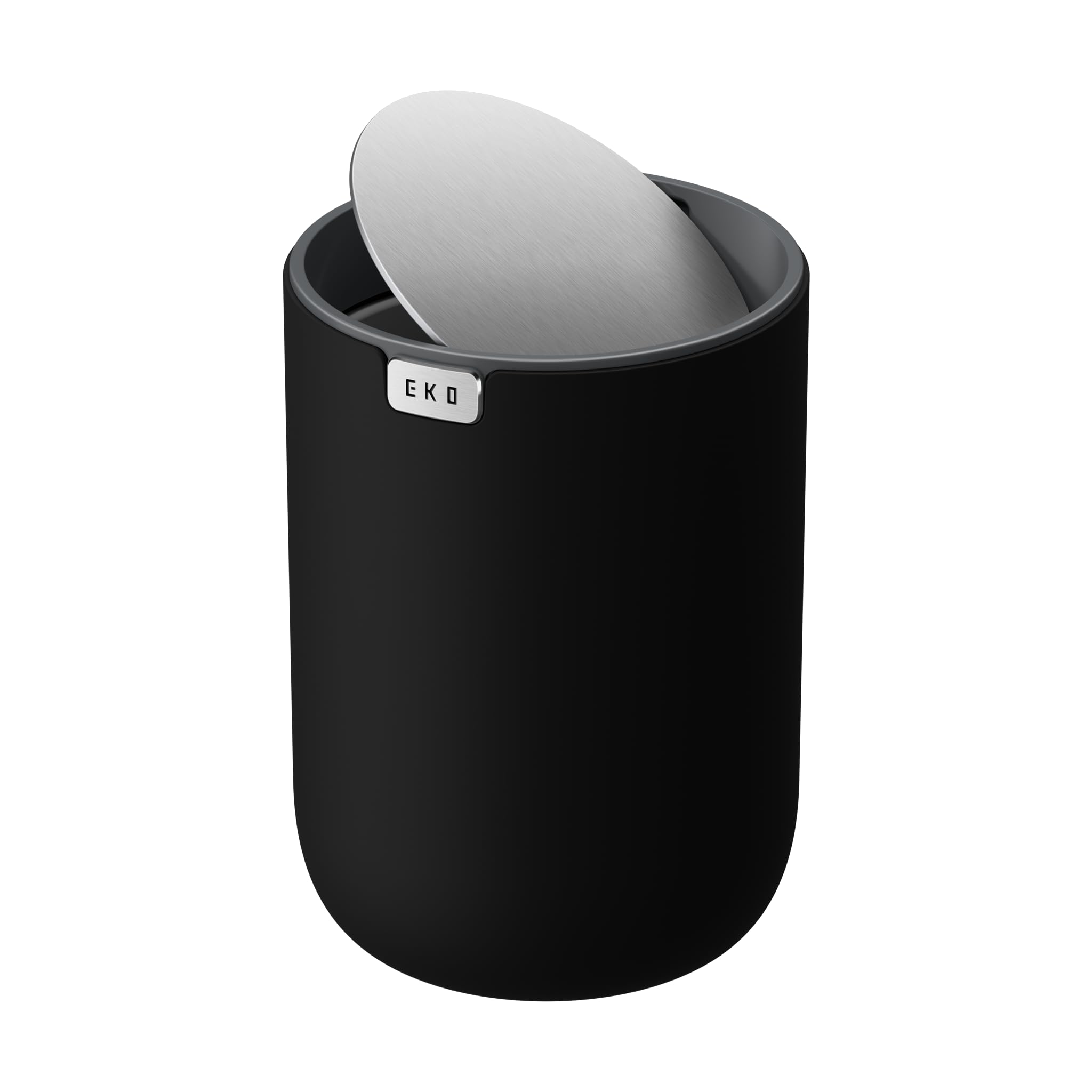 EKO Mini Tischmülleimer mit deckel, 1,5 L Kosmetikeimer Schwarz, Kleiner Tischabfalleimer für Bad, Schreibtisch, Schlafzimmer oder Auto, Mülleimer mit Edelstahl-Sockel, Small Table Bin, Papierkorb