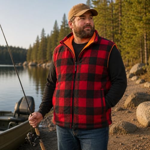 Image of Men's Reversible Camo / Buffalo Red Plaid & Orange Fleece Hunting Vest