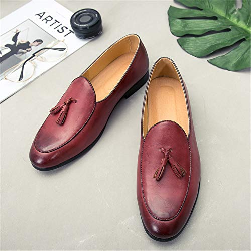 Loafer for Men Round Moc Toe Tassel Plain Low Block Heel Stitching Synthetic Leather Rubber Sole(Red,10 M US)3