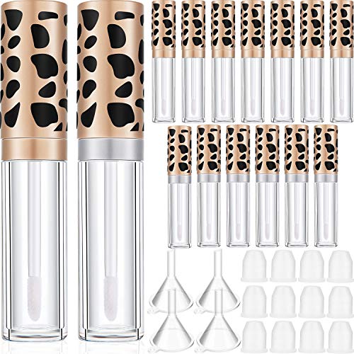 16 Pieces 5 ml Mini Leopard Design Empty Lip Gloss Tube Plastic Lipstick Sample Bottle Refillable Lip Balm Container with Inserts and 4 Pieces Funnels for Women Girls Cosmetic Liquid Travel Home