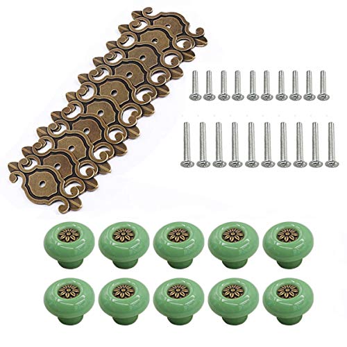 Huamulan 10 Pack Retro Ceramic Knobs,Vintage Dresser Kitchen Petal Cabinet Pulls Zinc Alloy Base Back Plate Kid Cupboard Wardrobe Drawer Door Handles,Bronze+Green #TOP3