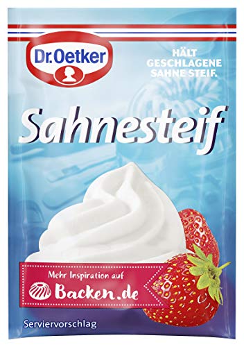Dr. Oetker Sahnesteif, 5 x 8 g, Sahnestandmittel, Hilfsmittel zur Zubereitung von Schlagsahne, für festen Sahne-Schaum, Sahnetorten & Süßspeisen, vegan