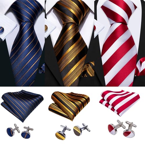 Image of Barry.Wang 6 PCS Men Ties Set Silk Business Fashion Woven Necktie Handkerchief Cufflinks Paisley Stripe Wedding Party