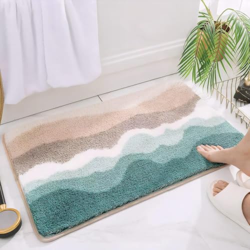 HRILO Microfiber Bathroom Rugs Absorbent Soft Shaggy Carpet Floor Mats for Shower Tub Sink Toilet Non-Slip Plush Carpet Floor Mats for Living Room Bedroom Kitchen Green24 X 16 Inches