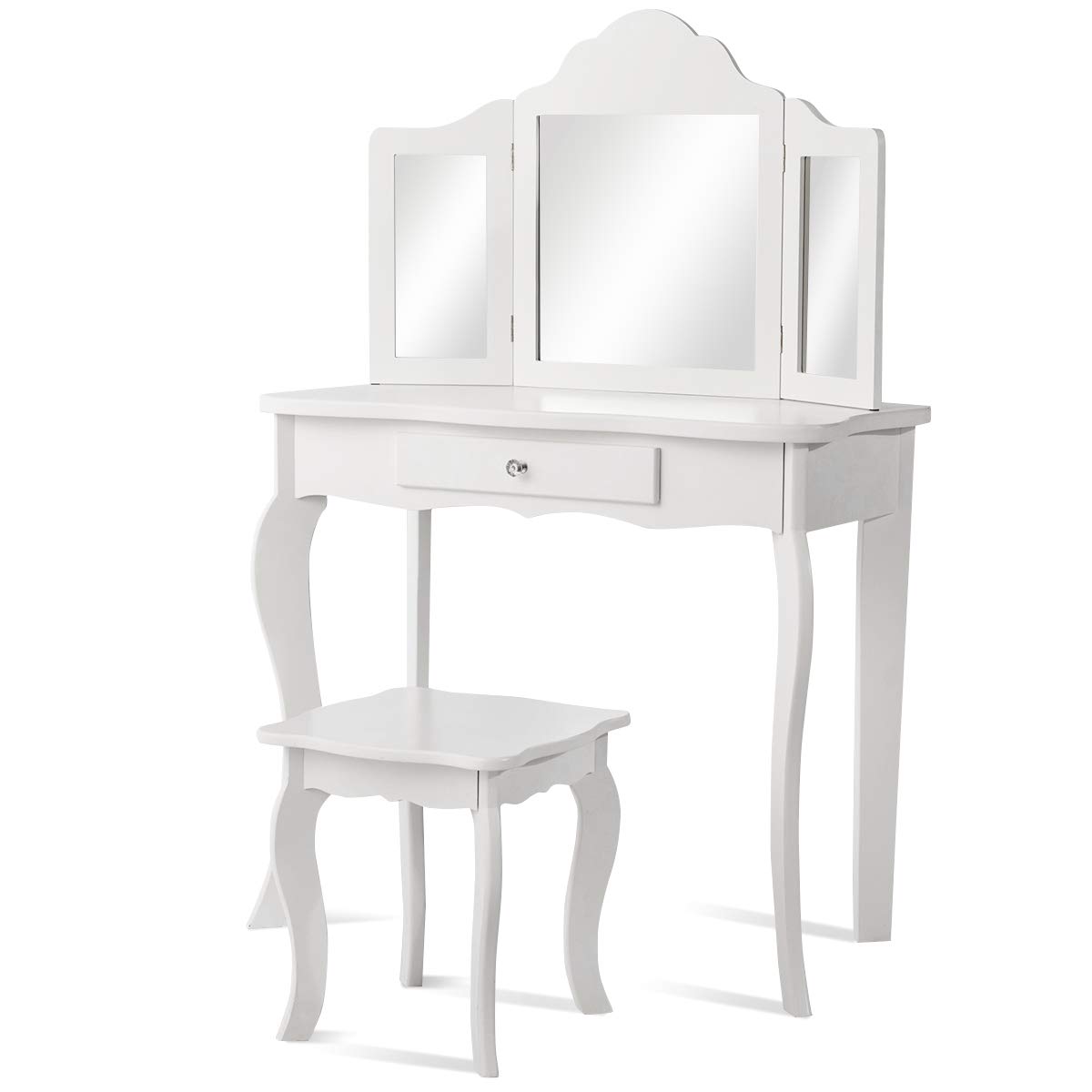 COSTWAY Tocador con Taburete y Espejo para Niña de MDF y Madera Mesa de Maquillaje con Cajón 70x34x103 centímetros (Blanco)