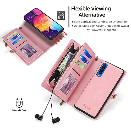 Asuwish Phone Case For Samsung Galaxy A50 A50S A30S Zipper Wallet Detachable Cover With Tempered Glass Screen Protector And Leather Flip Card Holder Cell A 50 50S 30S S50 50A Sm A505G Women Men Pink #TOP2