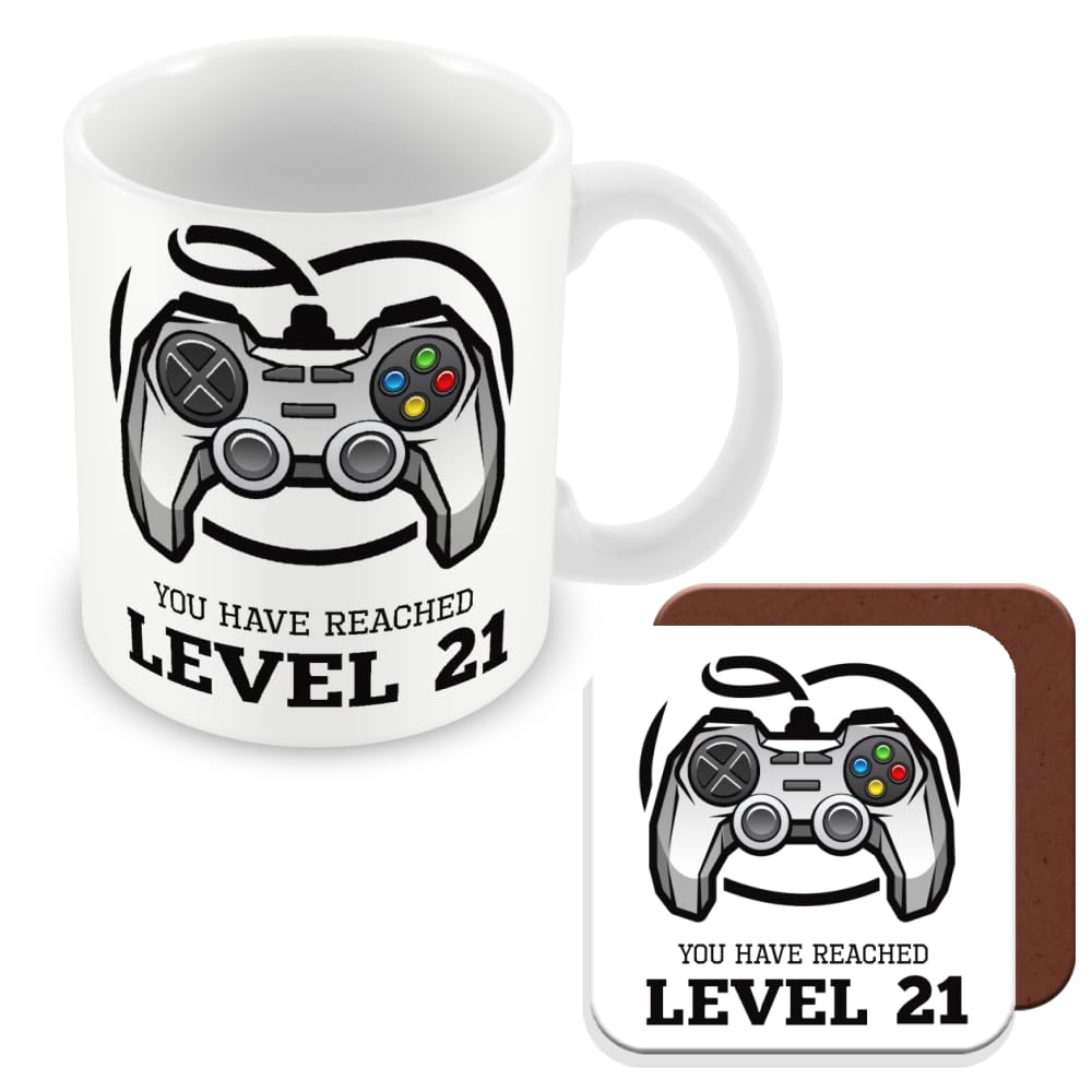 MUGGZ 21st Birthday Gift - Mug & Coaster - Gamer Level 21 - Giftset - Made in The UK