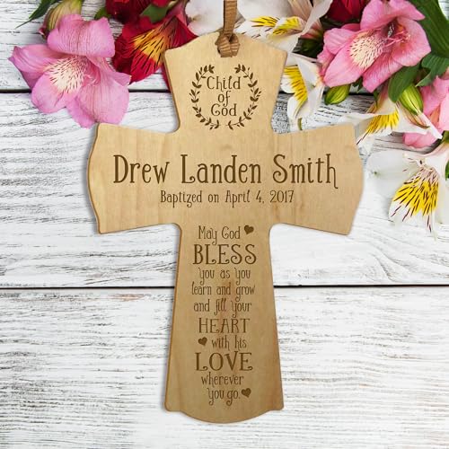 Image of LifeSong Milestones Personalized Baptism 1st Holy Communion Christening Gifts Custom Wall Cross Child of God. May God BLESS you as you learn and grow (Maple)