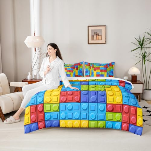 Image of Feelyou Colorful Toy 7 Piece Bedding Set Teen Women Men Funny Building Blocks Decoration Comforter Set with Sheets King Size Kids Boys Colorful Geometric Brick Bed in a Bag Cute Games Room Decor