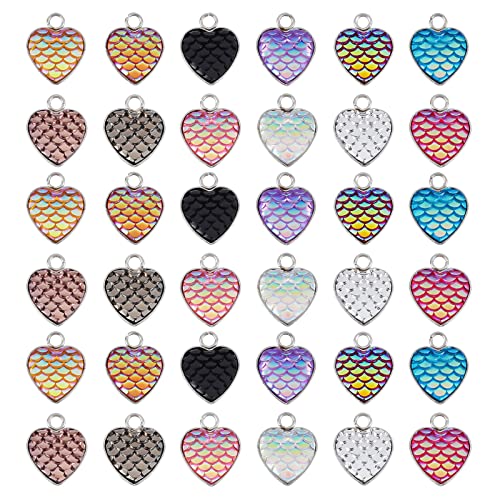 SUPERFINDINGS 36Pcs Mermaid Fish Scale Charms Pendent 12 Colors Mermaid Connector Charm Shinny Heart Shape Charms with Stainless Steel Finding for Necklace Bracelet Jewelry Making
