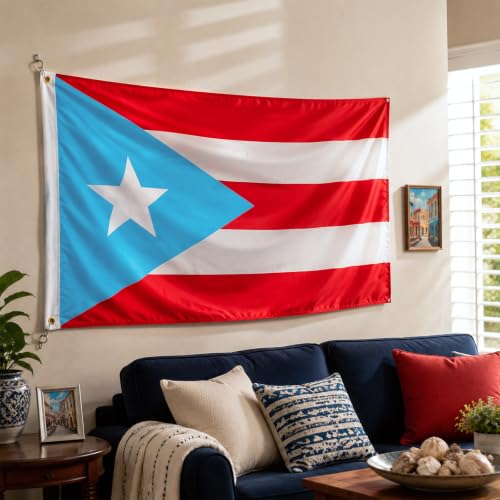 Image of AhfuLife 1Pc Light Blue Puerto Rico Flag 3x5 Ft, Large Light Blue Puerto Rican Flags for Outside - Double Side with Brass Eyelets for Puerto Rican Party Decorations, Soccer Party Bar Garden Decoration Indoor Outdoor