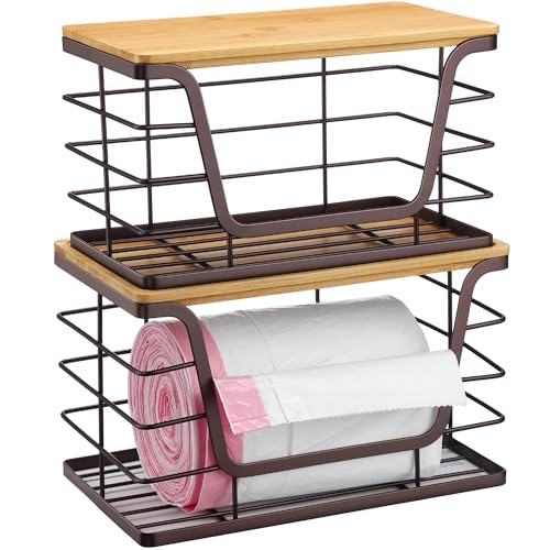 ALOCEO 2 Pack Large Pantry Baskets with Bamboo Lip, Stainless Steel Garbage Bag Holder Dispenser Countertop Storage, Stackable Kitchen Storage Bins for Fruit Onion Potato Vegetable, Brown