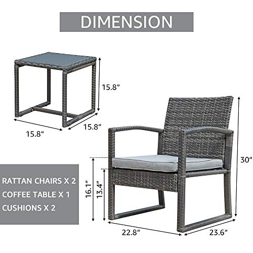 Patiorama 3 Pieces Outdoor Patio Furniture Set, Outdoor Wicker Conversation Set, Patio Rattan Chair Set, Modern Bistro Set With Coffee Table, Garden Balcony Backyard Poolside (Light Gray) #TOP3