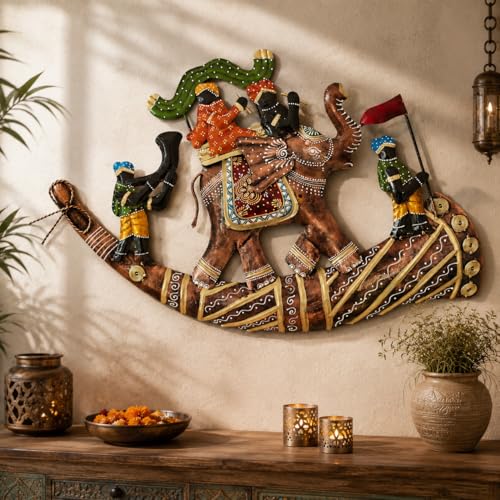 Image of iHandikart Handmade Metal Wall Art for Home Decor | 24 x 16 Inch Rajasthani Elephant Ride Wall Sculpture | Traditional Indian Iron Wall Hanging Artwork for Living Room, Bedroom, Hallway & Entryway