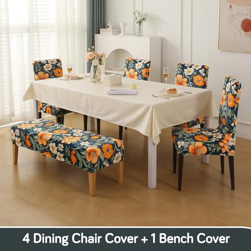 Image of HOKIPO Premium Printed Velvet Dining Chair Cover Set of 4 with 1 Bench Cover, Teal Twilight Garden (AR-5799-D2)