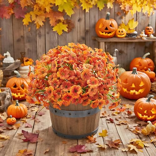 AWARDSEN 16 Bundles Artificial Mums Flowers for Outdorors UV Protected No Fade Fall Flower for Porch Display Patio Garden Decor Autumn Thankgiving Halloween Decorations (Orange)