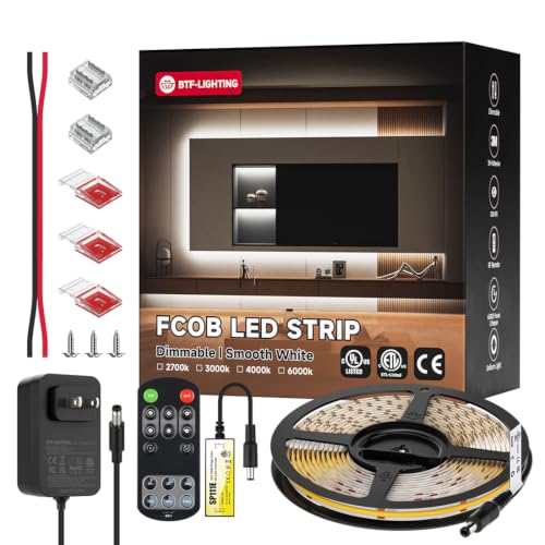 Image of BTF-LIGHTING COB LED Strip Light Cool White 6000K, UL Listed Flexible Tape Light with ETL RF Remote & Power Adapter, DC24V 16.4FT Uniform Light for Cabinet Kitchen Home Indoor DIY Lighting