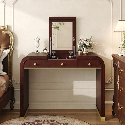 Image of JIVOIT Vintage Vanity Desk with Flip Mirror, Flip-Top Mirror with Hidden Storage, 3-in-1 Wood Dressing Table with 2 Drawers and Storage Space, Easy Assembly (Espresso,44)