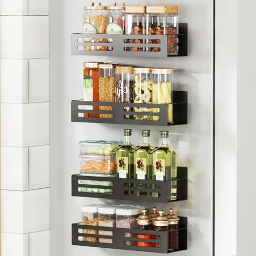 Image of Roysili Magnetic Spice Rack for Refrigerator Magnetic Fridge Shelf for Kitchen Magnetic Shelves for Fridge 4 Pack Black
