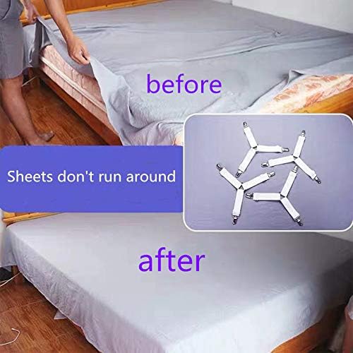 Bed Sheet Holder Straps, Adjustable Elastic Bed Sheet Fasteners and 3 Way Mattress Cover Holder Fasteners ,The Triangle Sheet Clips Keeping Sheets Place for Bed and not Wrinkled,White (4 PCS)