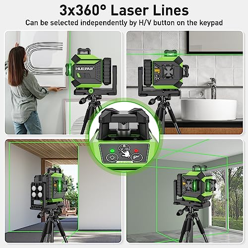 Huepar 3 x 360° Laser Level Green 3D Self-Leveling Cross 12 Lines Laser Level Three-Plane Leveling and Alignment Laser Tool, Rechargeable Li-ion Battery with Type-C Charging Port & Hard Carry Case